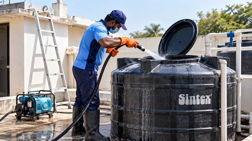 Sintex branded water tank thorough wash and sanitization in Narayanaguda