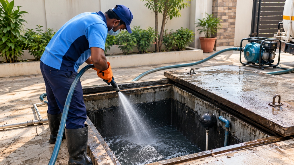 Underground masonry water sump cleaning with heavy-duty dewatering pump in Barkatpura